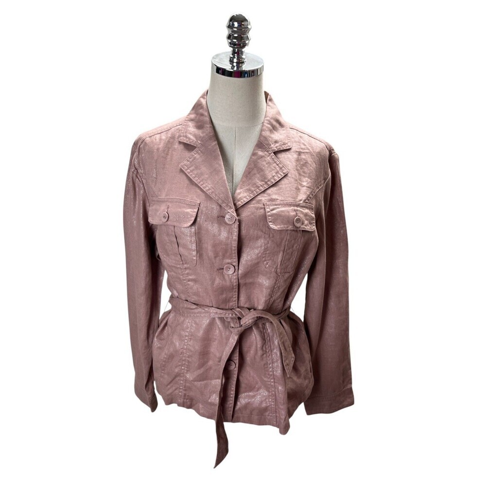 Chicos Jacket Women's Size 2 Pink Sparkle Linen Calise Pearlized 100% Linen